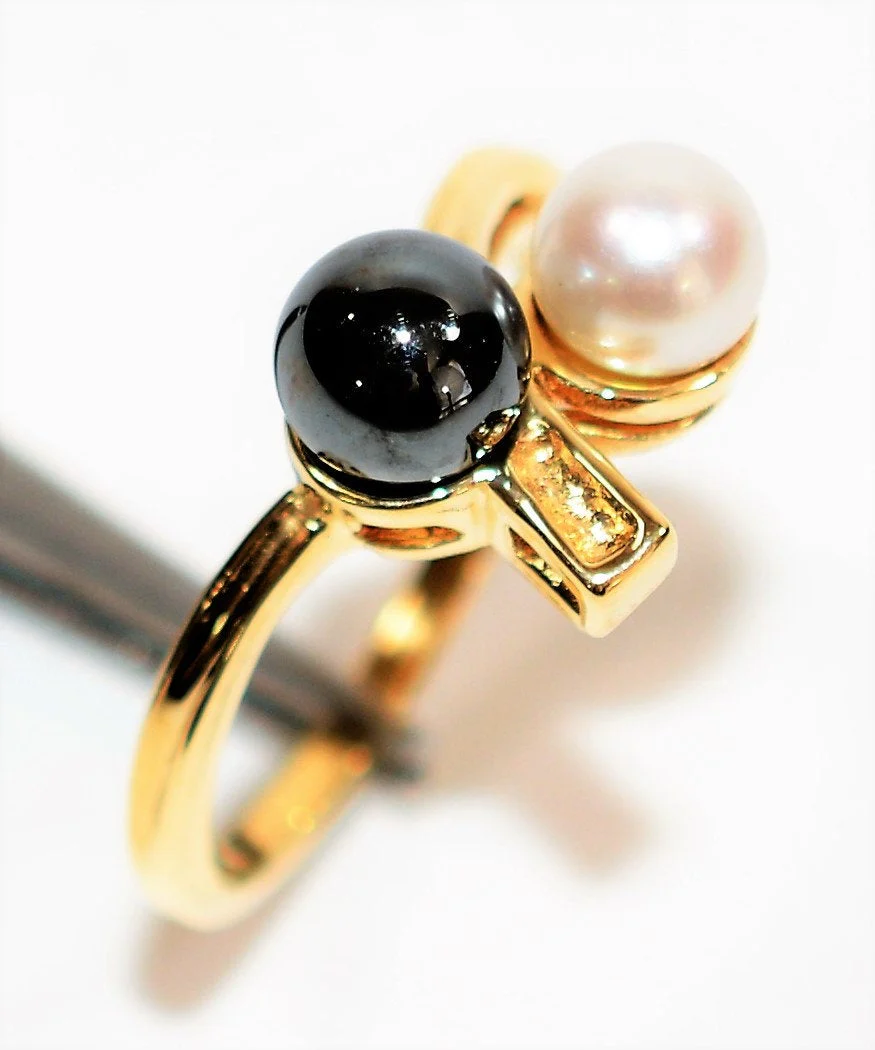 Natural Tahitian Pearl & Akoya Pearl Ring 10K Solid Gold 5.50mm Black Pearl Gemstone Ring Estate Jewelry Vintage Ring Statement Women’s Ring - Image 4