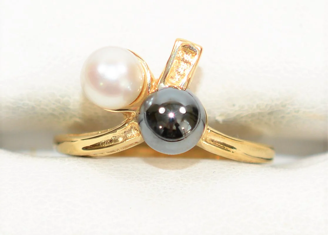 Natural Tahitian Pearl & Akoya Pearl Ring 10K Solid Gold 5.50mm Black Pearl Gemstone Ring Estate Jewelry Vintage Ring Statement Women’s Ring - Image 5