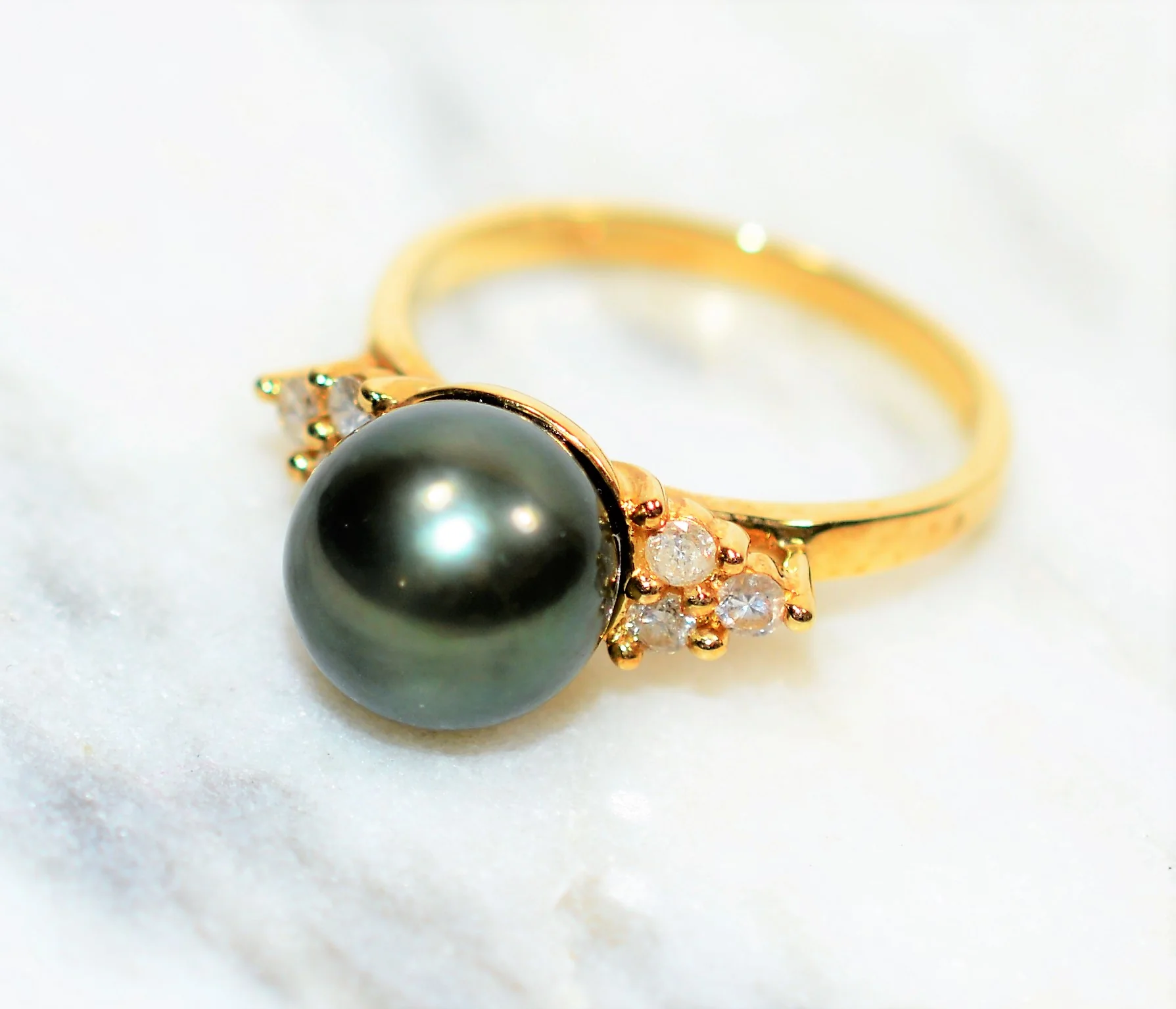Natural Tahitian Pearl & Diamond Ring 14K Solid Gold .18tcw Black Pearl Ring Gemstone Ring June Birthstone Ring Vintage Ring Women's Ring - Image 9