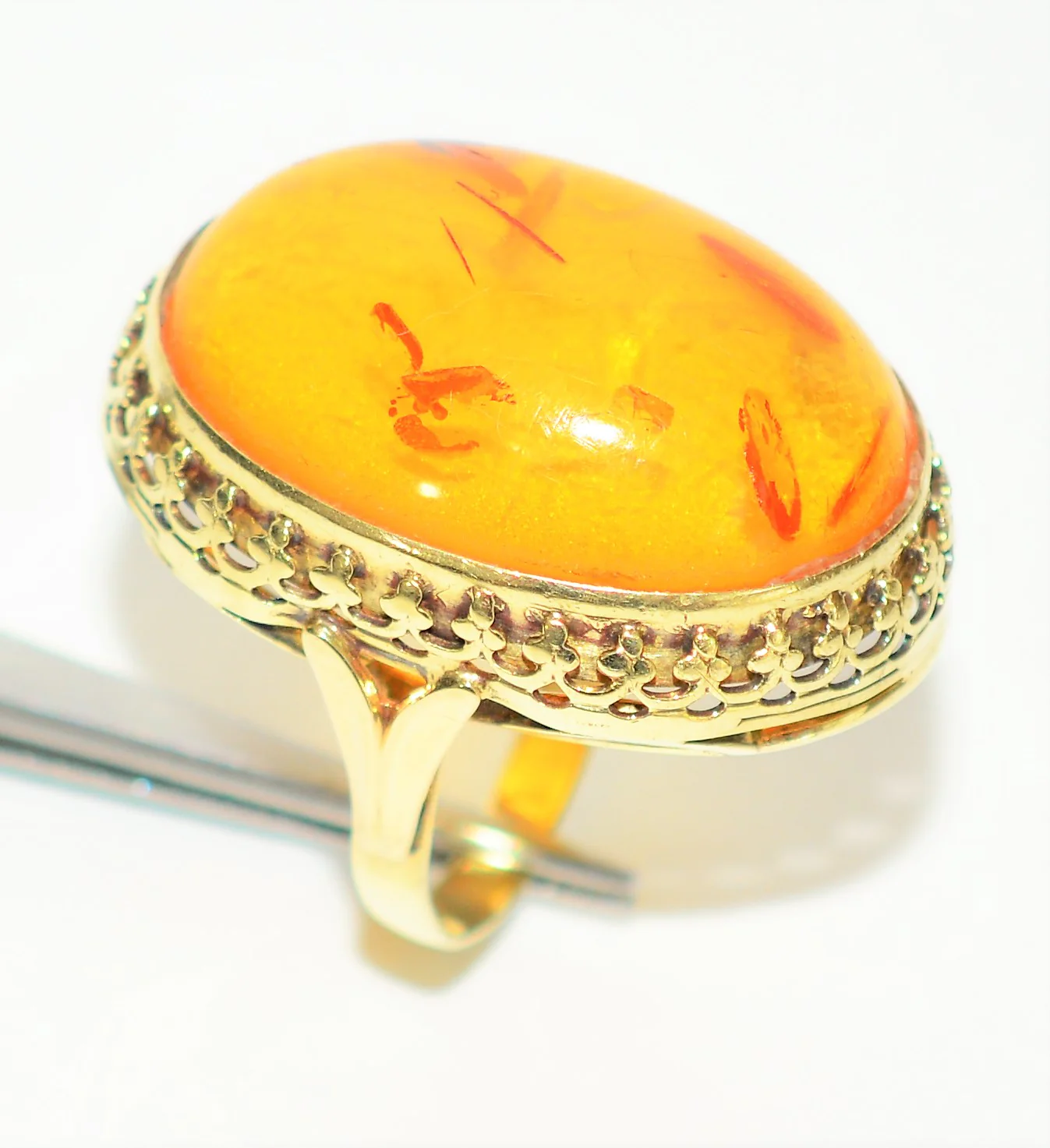 Natural Amber Ring 14K Solid Gold Solitaire Statement Antique Cocktail Vintage Fine Estate Jewelry - Image 4