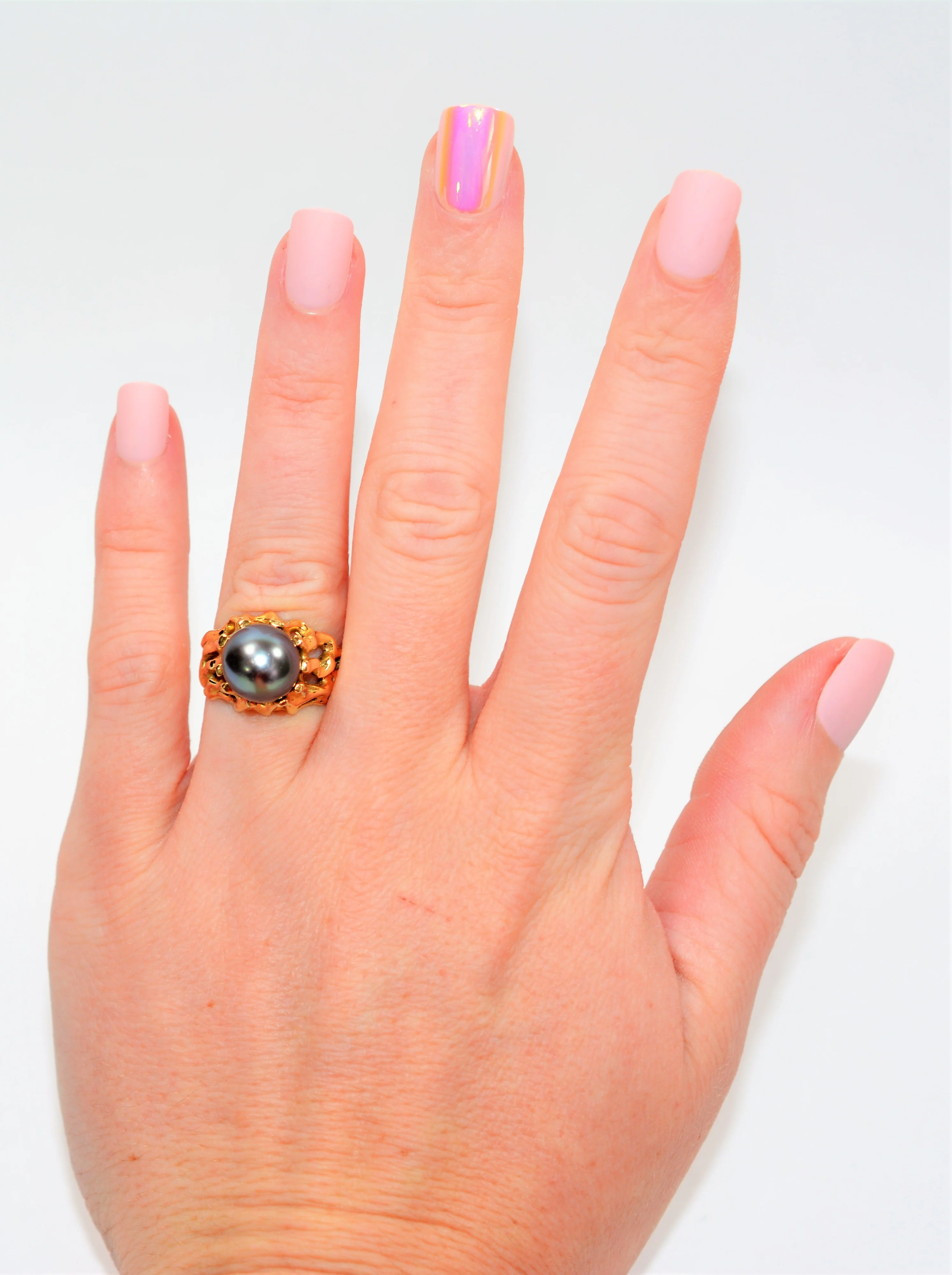 Natural Tahitian Pearl Ring 18K Solid Gold 10mm Black Pearl Ring Vintage Ring Cocktail Ring June Birthstone Ring Solitaire Ring Estate Ring - Image 2
