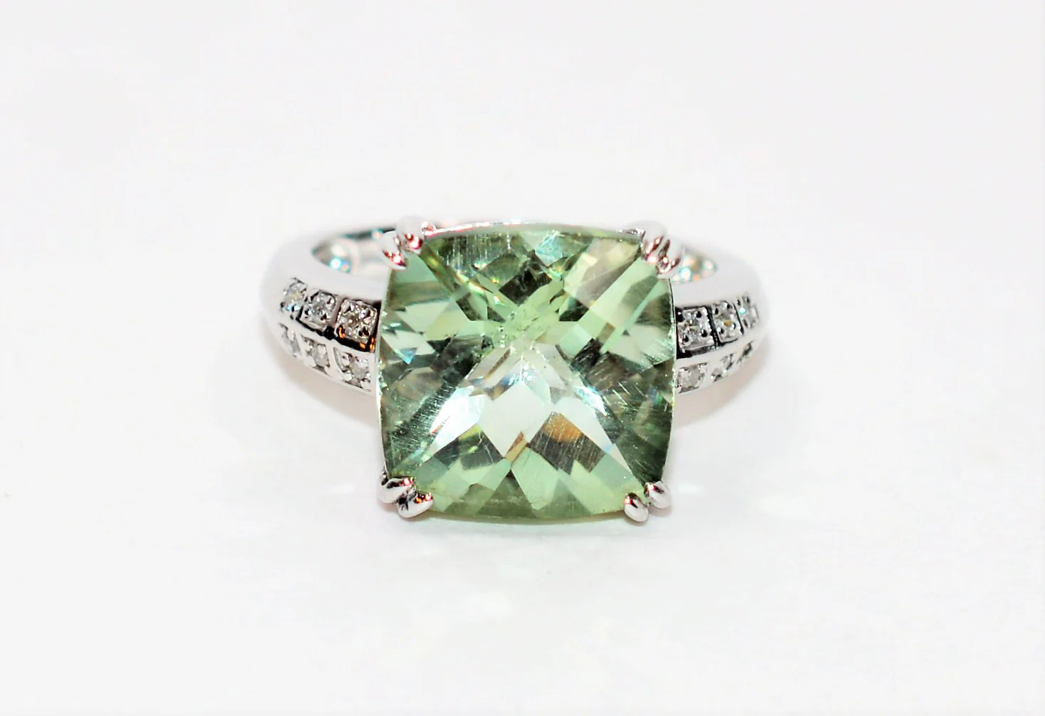 Natural Brazilian Prasiolite & Diamond Ring 14K Solid White Gold 7.29tcw Cocktail Ring Statement Ring Amethyst Ring Green Ring Estate Ring