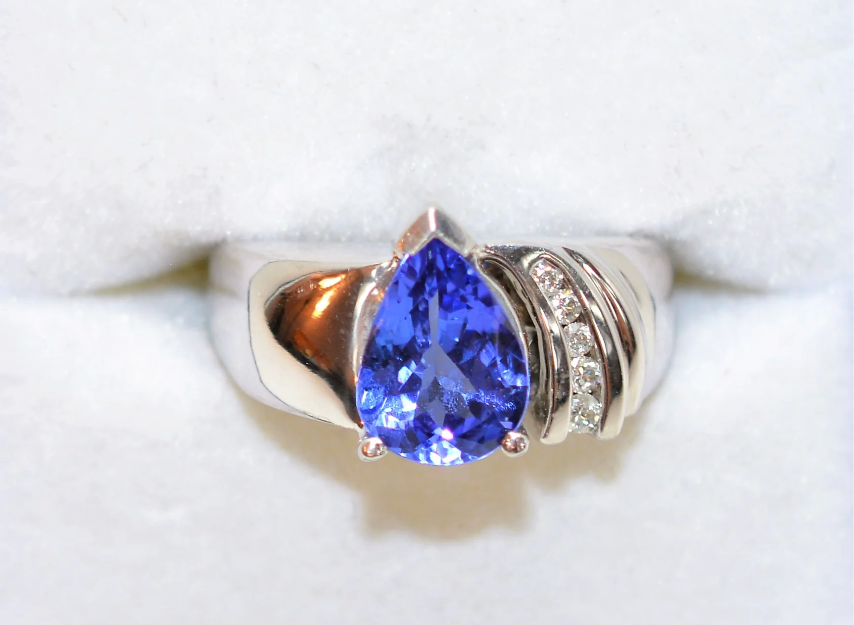 Natural D'Block Tanzanite & Diamond Ring 14K Solid White Gold 2.10tcw Bold Gemstone Pear Cut Fine Vintage Estate Jewelry - Image 5