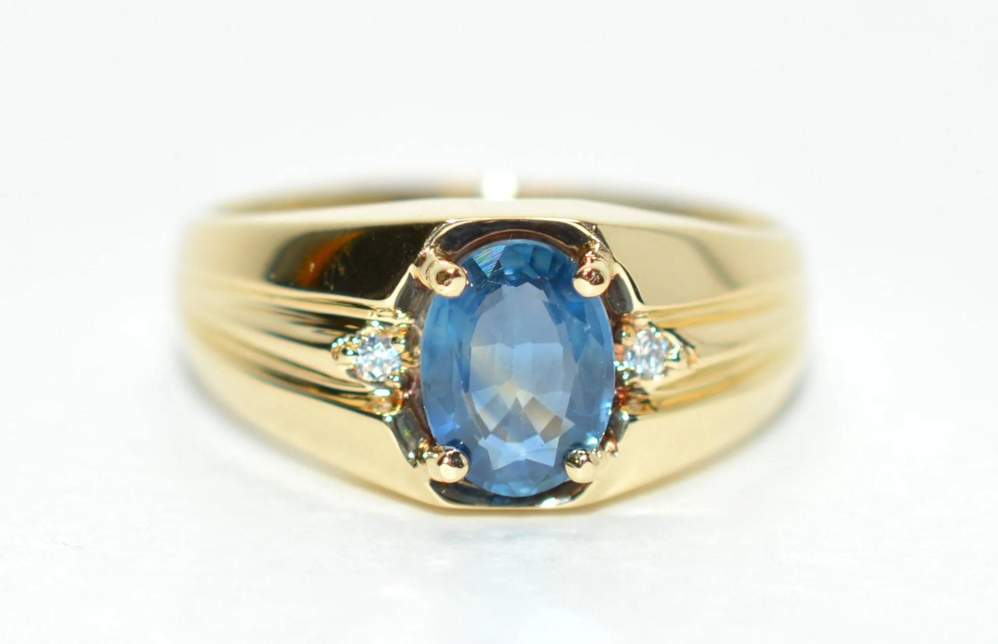 Natural Ceylon Sapphire & Diamond Ring 10K Solid Gold 1.41tcw Mens Ring Blue Gemstone September Birthstone Ring Vintage Estate Gents Ring