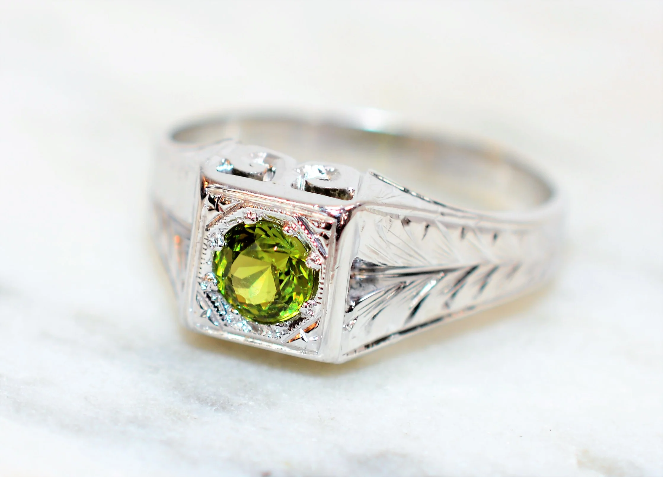 Natural Demantoid Garnet Ring 18K Solid White Gold Ring .58ct Gemstone Men's Ring Antique Ring Estate Jewelry Fine Ring Vintage Jewellery - Image 8