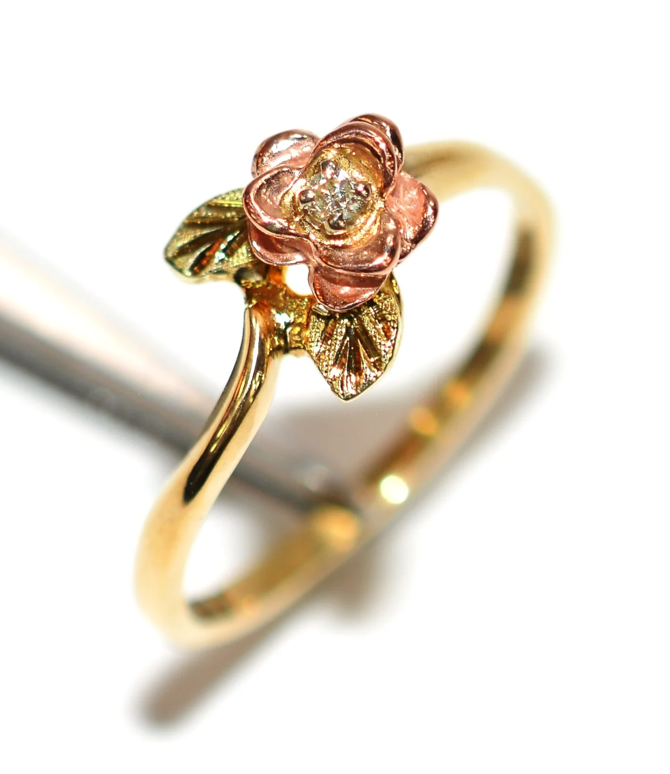 Natural Diamond Ring 10K Solid Gold Black Hills Gold .01ct Rose Ring Women's Ring Ladies Ring Solitaire Ring Flower Ring Nature Ring Estate - Image 4