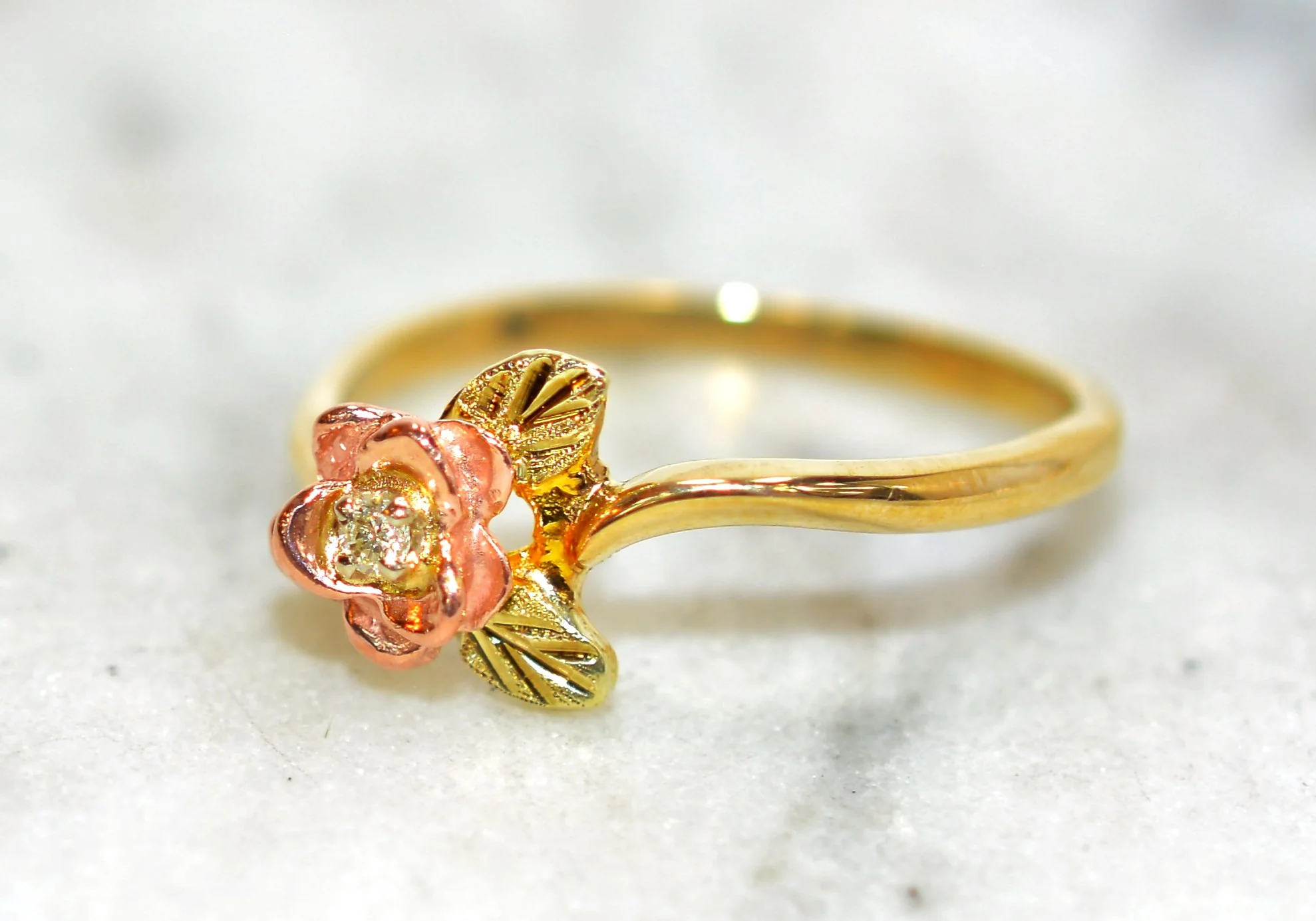 Natural Diamond Ring 10K Solid Gold Black Hills Gold .01ct Rose Ring Women's Ring Ladies Ring Solitaire Ring Flower Ring Nature Ring Estate - Image 8