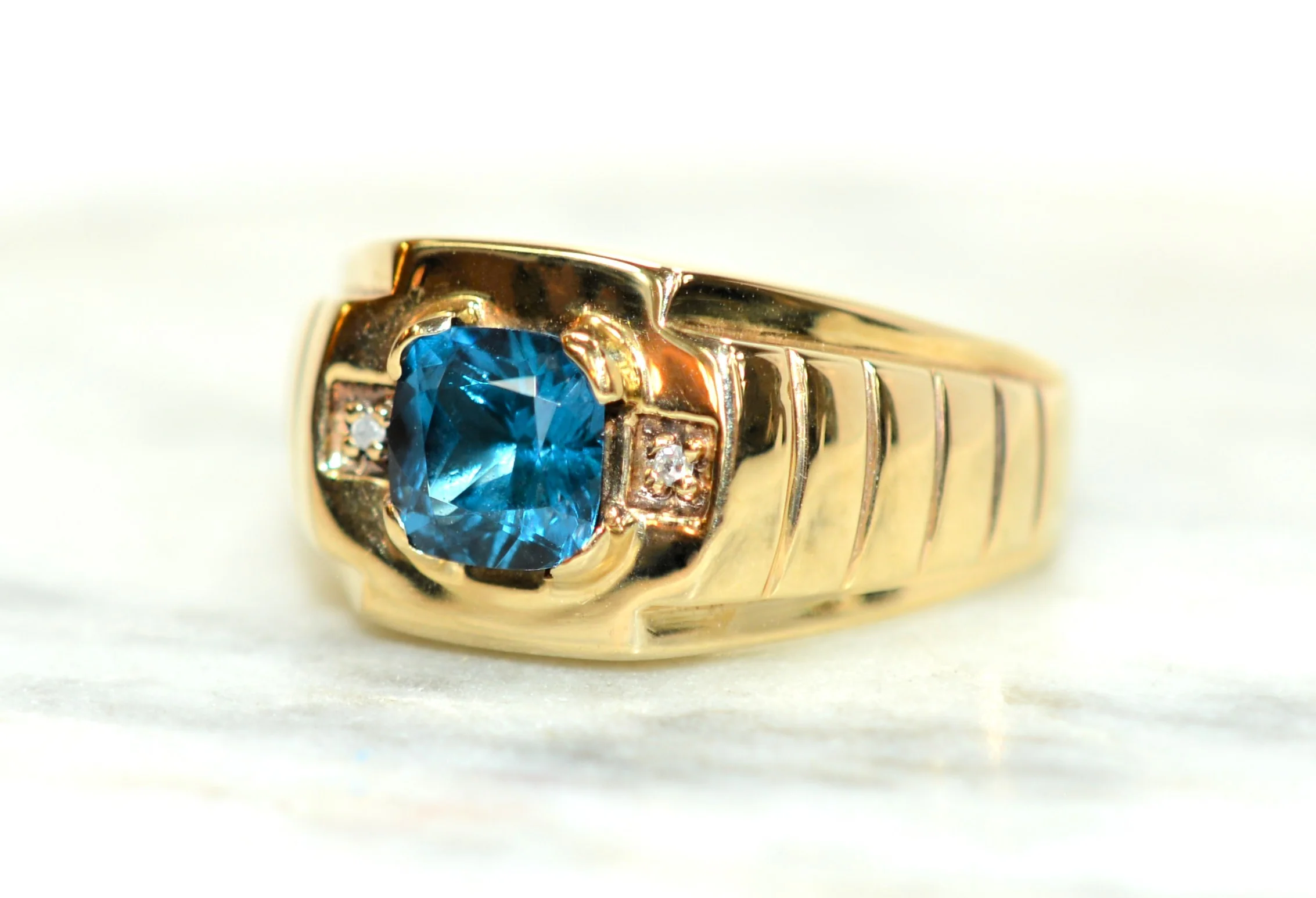 Natural London Blue Topaz & Diamond Ring 10K Solid Gold 1.46tcw Mens Ring March Birthstone Ring Statement Ring Estate Jewelry Topaz Ring - Image 7