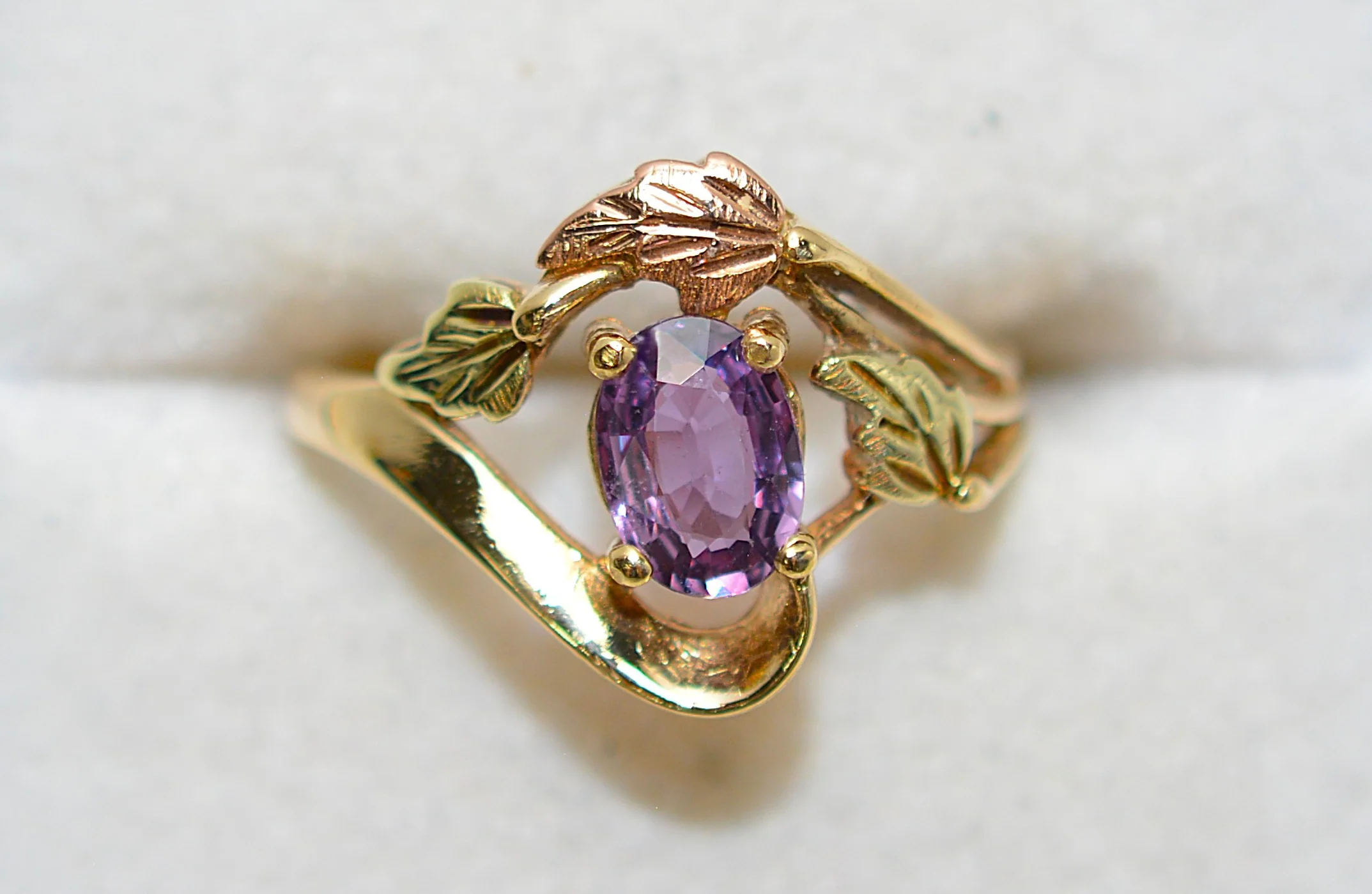 Natural Padparadscha Sapphire Ring 10K Solid Gold .91ct Gemstone Black Hills Gold Ring Mauve September Birthstone Ring Boho Leaf Nature Ring - Image 5