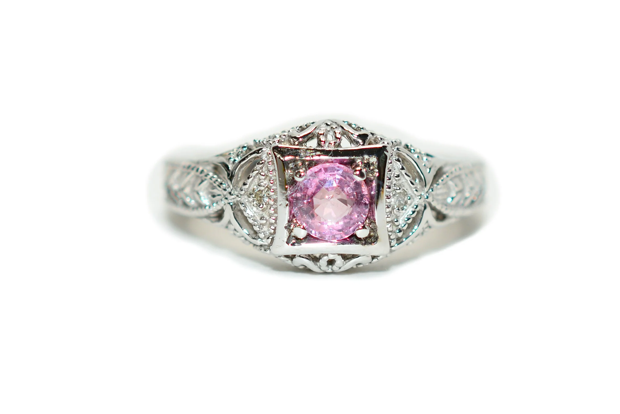 Natural Padparadscha Sapphire & Diamond Ring 14K White Gold .54tcw Engagement Ring September Birthstone Ring Pink Gemstone Ring Anniversary Wedding