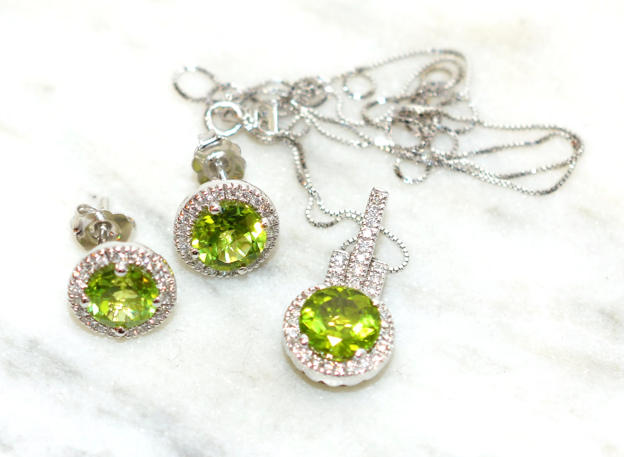 Natural Peridot & Diamond Pendant Necklace Earring Set 14K Solid White Gold 5.94tcw Birthstone Peridot Necklace Peridot Earrings Jewelry Set - Image 14