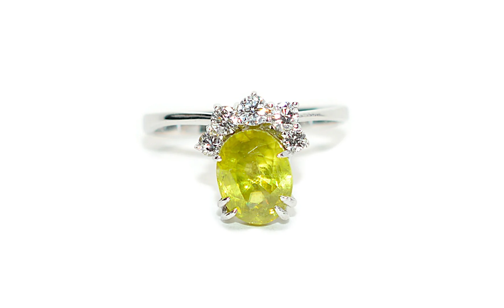 Natural Sphene & Diamond Ring 14K White Gold 2.52tcw Titanite Gemstone Yellow Green Ring Womens Ring Statement Ring Vintage Estate Ring