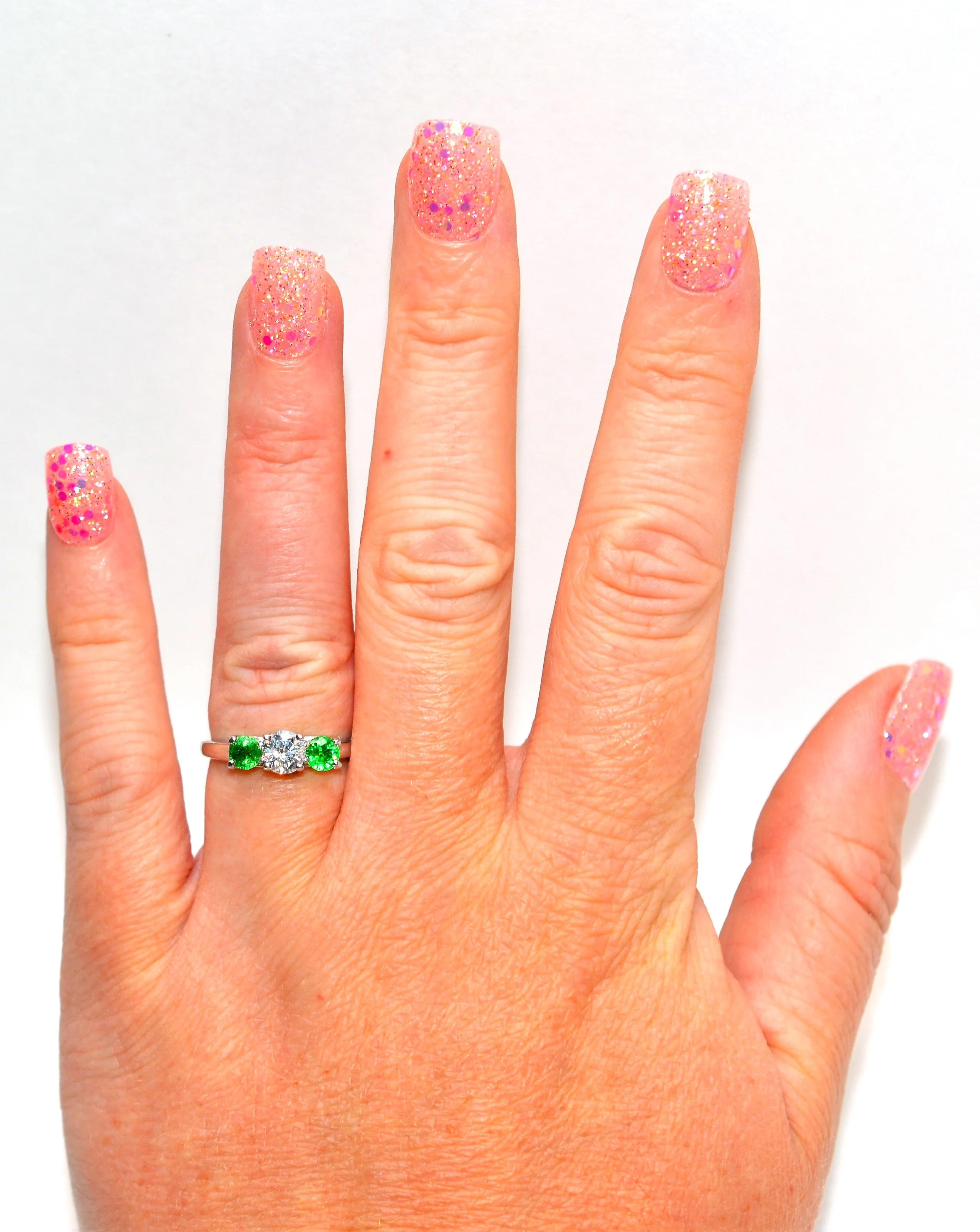 Natural Tsavorite Garnet & Diamond Ring 14K Solid White Gold Platinum 1.11tcw Gemstone Estate Jewelry Jewellery Three-Stone Ring Neon Green - Image 2