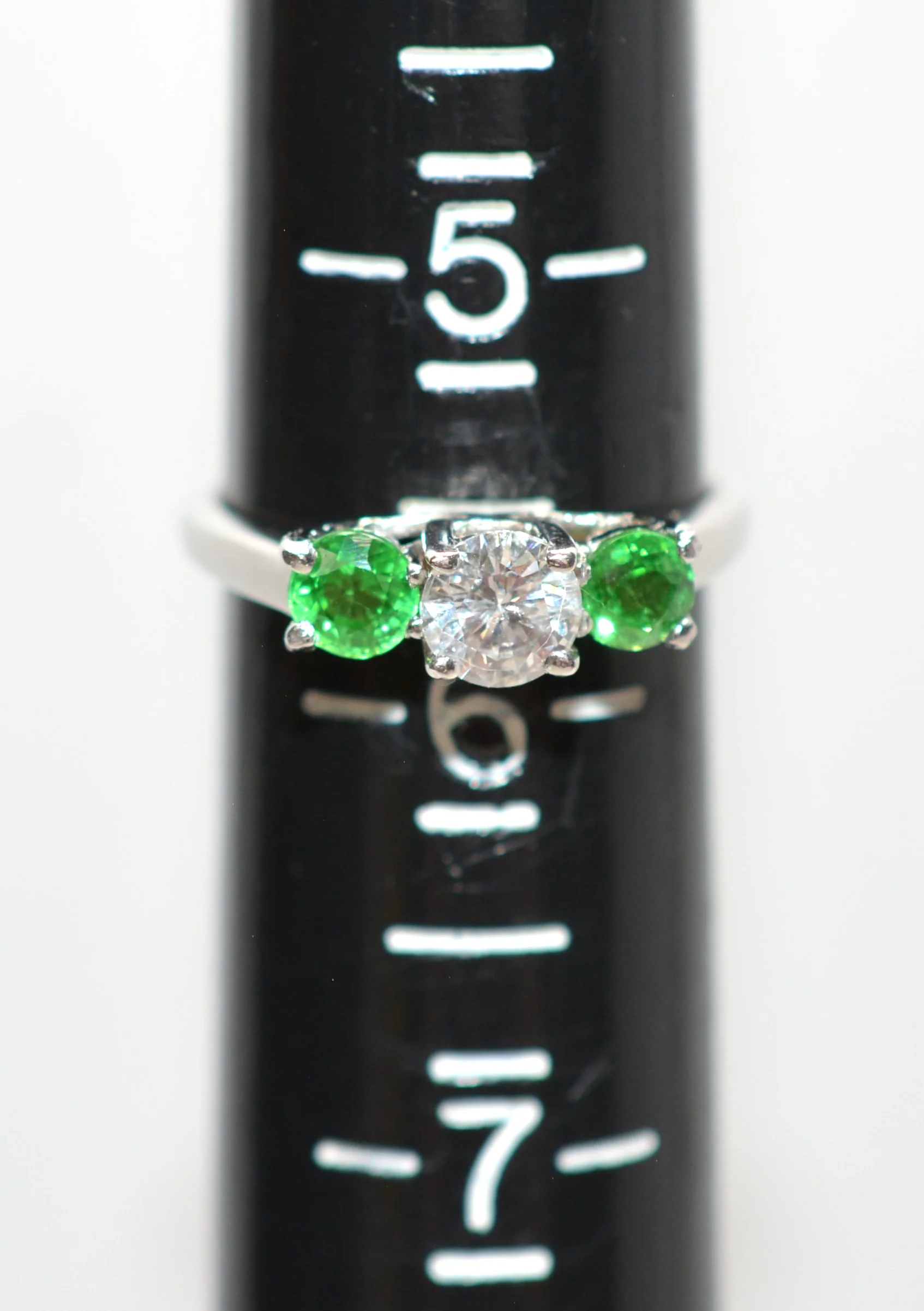 Natural Tsavorite Garnet & Diamond Ring 14K Solid White Gold Platinum 1.11tcw Gemstone Estate Jewelry Jewellery Three-Stone Ring Neon Green - Image 9